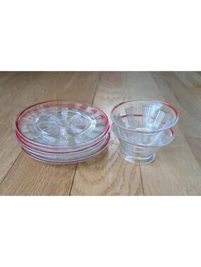 Six Hazel Atlas Wagon Wheel Spoke With Red Trim Glass Plates + 2 Dessert Bowls